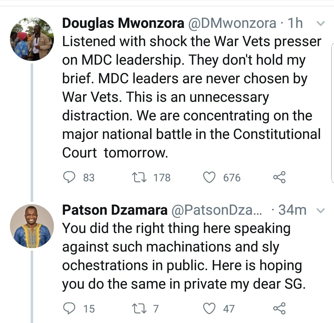 An extract from the Twitter activities between MDC Alliance members Douglas Mwonzora and Patson Dzamara