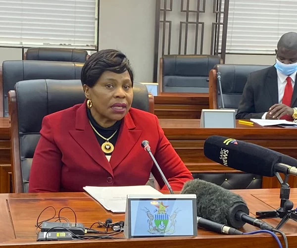 Information and Broadcasting Services minister Monica Mutsvangwa addressing journalists at a press briefing in Harare, Zimbabwe.