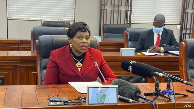 Information and Broadcasting Services minister Monica Mutsvangwa addressing journalists at a press briefing in Harare, Zimbabwe.