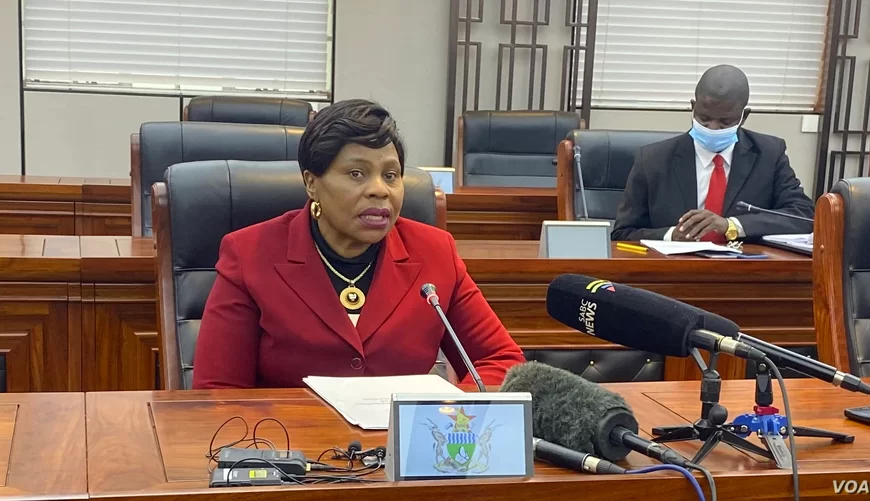 Information and Broadcasting Services minister Monica Mutsvangwa addressing journalists at a press briefing in Harare, Zimbabwe.