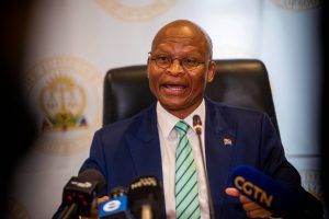 South African former Chief Justice Mogoeng Mogoeng during a press briefing on legal issues.