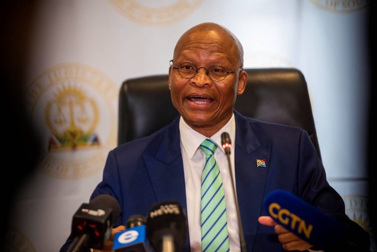 South African former Chief Justice Mogoeng Mogoeng during a press briefing on legal issues.