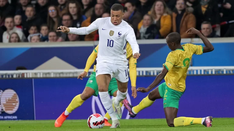 France's Kylian Mbappe tries to dribble a Bafana Bafana player during their international friendly (Picture-EPA)