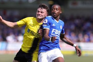 Leicester City starlet Tawanda Maswanhise tussling for the ball with opponent in an U23 league match.