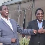 Zambia outgoing leader Edgar Lungu laughing with President elect Hakainde Hichilema soon after the announcement of the election results in 2021.