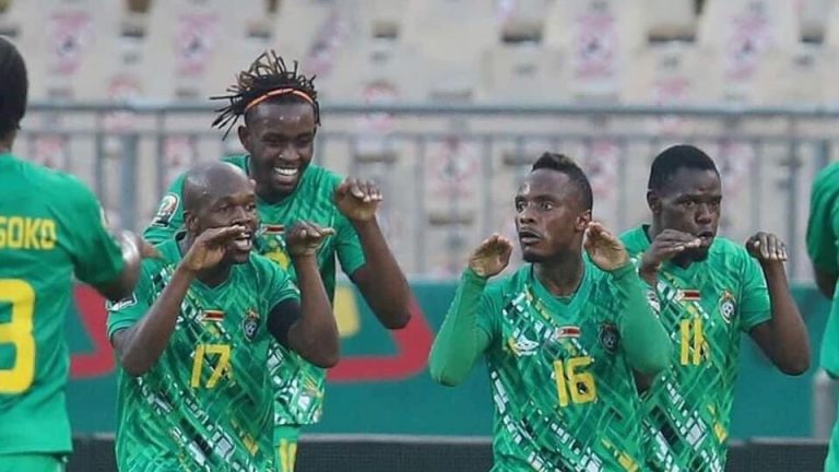 Zimbabwe Warriors players celebrating a Kudakwashe Mahachi (15) goal at AFCON 2021 in Cameroon.