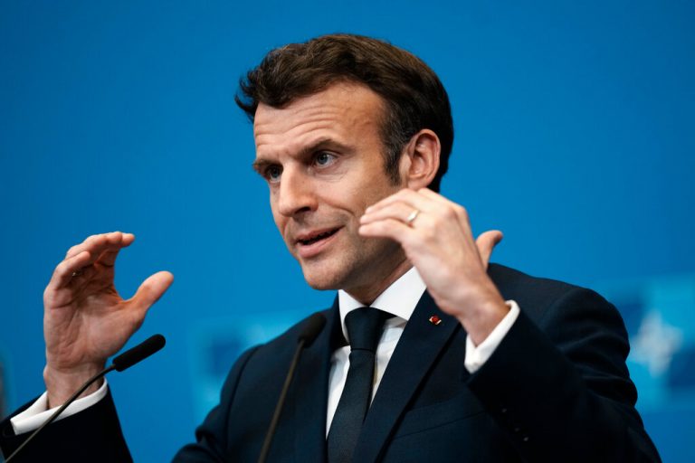 French President Emmanuel Macron delivers an address at a global conference