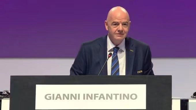 FIFA President Gianni Infantino speaking at an annual meeting of the world football governing body in Zurich, Switzerland.