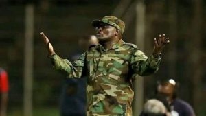 Lucky Nelukau, coach of Tshakuma Tsha Madzivandila, came clad in military gear for a match