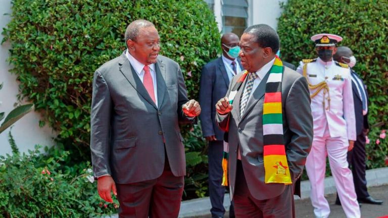 President Uhuru Kenyatta with his visiting Republic of Zimbabwe counterpart, His Excellency Emmerson Mnangagwa during a press briefing at State House, Nairobi.
