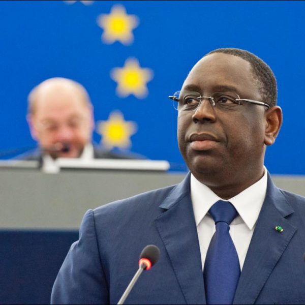 Senegal President Macky Sall speaking at a European Union meeting.