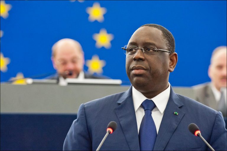 Senegal President Macky Sall speaking at a European Union meeting.