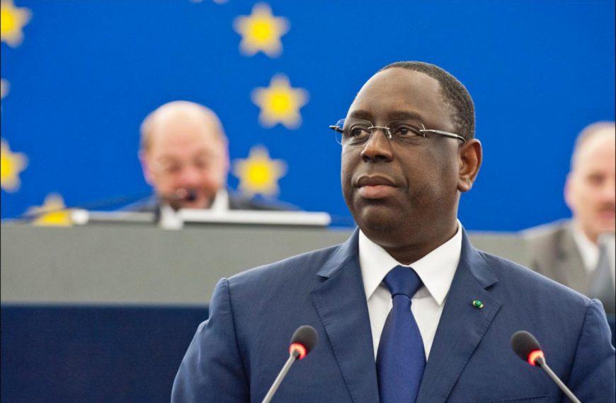 Senegal President Macky Sall speaking at a European Union meeting.