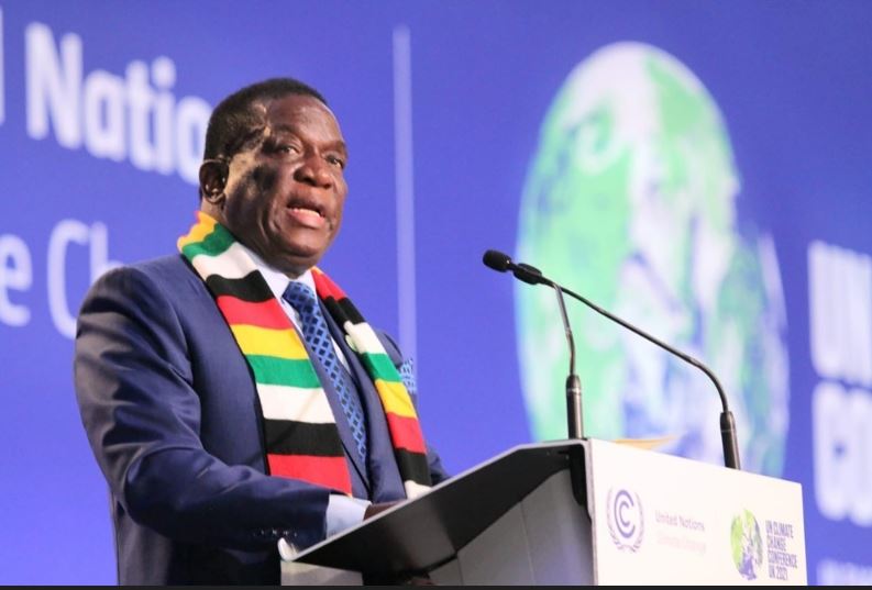 Zimbabwe President Emmerson Mnangagwa addressing delegates at the COP26 Climate Change Conference in Glasgow, Scotland.