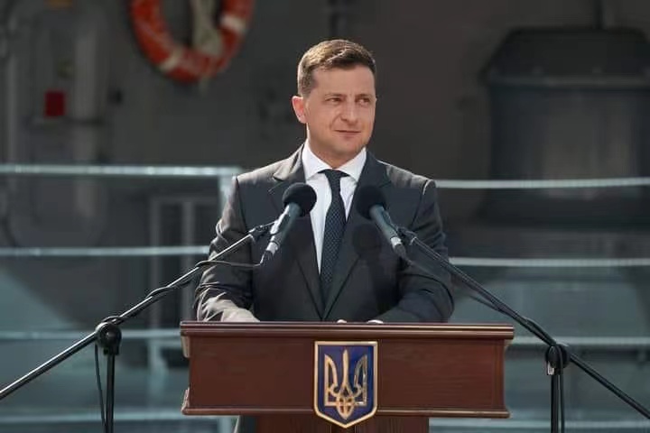 Ukraine President Volodymyr Zelensky addressing the press on the developments in the war against Russia.