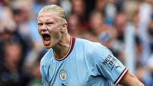 Home 5 Erling Haaland celebrates after scoring his first Premier League hat-trick to inspire Manchester City's comeback 4-2 victory against Crystal Palace on Saturday.