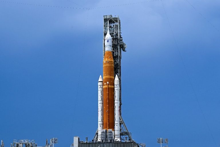 NASA's SLS rocket and the Orion capsule on top of it, on August 26, 2022 at the Kennedy Space Center in Florida, prior to lift-off for NASA's Artemis 1 mission to the Moon.