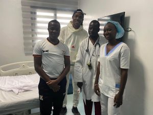 Chipolopolo captain Enock Mwepu being discharged from the Polyclinique Pasteur de Bamako