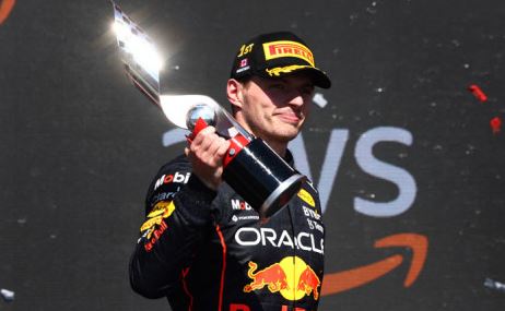 Race winner Max Verstappen of the Netherlands and Oracle Red Bull Racing celebrates on the podium during the F1 Grand Prix of Canada at Circuit Gilles Villeneuve on 19 June 2022 in Montreal, Quebec.