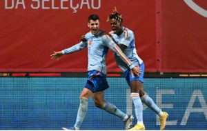 Home 6 Spain forward Alvaro Morata celebrates his goal during the Uefa Nations League match against Portugal on 27 September 2022.