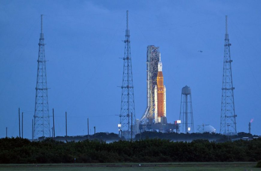 NASA's next-generation moon rocket, the Space Launch System (SLS) with the Orion crew capsule perched on top, stands on launch complex 39B as it is prepared for launch for the Artemis 1 mission at Cape Canaveral, Florida, U.S. September 3, 2022.