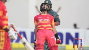 Zimbabwe national cricket team all rounder Sikandar Raza celebrating after hitting top score for the Chevrons at the Harare Sports Club.