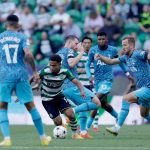 Sporting CP star Marcus Edwards going past Tottenham Hotspur players during a Champions League match in Lisbon on Tuesday night.