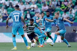 Home 7 Sporting CP star Marcus Edwards going past Tottenham Hotspur players during a Champions League match in Lisbon on Tuesday night.