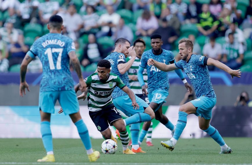 Sporting CP star Marcus Edwards going past Tottenham Hotspur players during a Champions League match in Lisbon on Tuesday night.