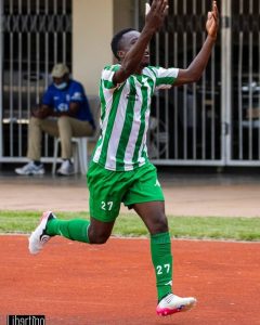 Home 7 CAPS United star William Manondo celebrating after scoring a goal at the National Sports Stadium.