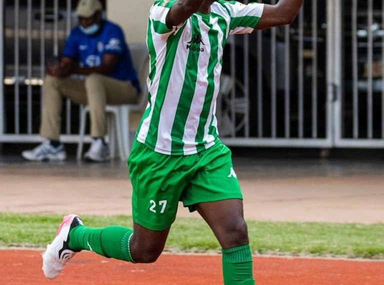 Home 133 CAPS United star William Manondo celebrating after scoring a goal at the National Sports Stadium.