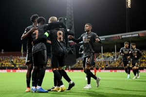 Arsenal players celebrate a goal in their Europa League match against Bodo/Glimt on 13 October 2022.