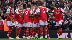 Arsenal players celebrating one of their team's goals in the 3-1 win over rivals Tottenham on Saturday 1st October 2022 at the Emirates Stadium.