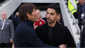 Arsenal manager Mikel Arteta and Tottenham boss Antonio Conte greeting on the touchline at Tottenham Hotspur Stadium last season.