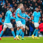 Manchester City striker Erling Haaland celebrates a goal during the Uefa Champions League match against FC Copenhagen on 5 October 2022.