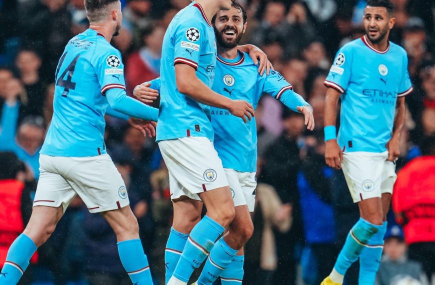 Manchester City striker Erling Haaland celebrates a goal during the Uefa Champions League match against FC Copenhagen on 5 October 2022.