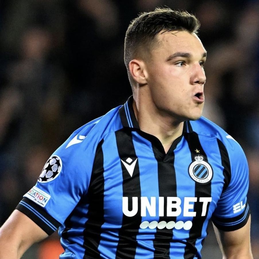 Ferran Jutgla celebrates after scoring for Club Brugge against Atletico Madrid in the UEFA Champions League match on Tuesday.