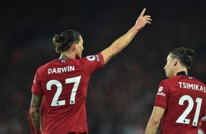 Liverpool players celebrate a goal in their English Premier League match against West Ham United on 19 October 2022.