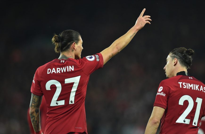 Liverpool players celebrate a goal in their English Premier League match against West Ham United on 19 October 2022.