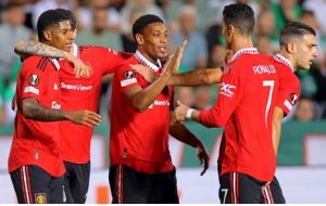 Manchester United players celebrate a goal in the Uefa Europa League match against Omonia Nicosia on 6 October 2022.