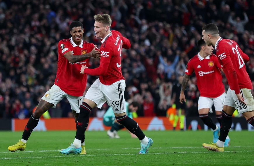 Manchester United players celebrate a goal in their Europa League match against Omonia Nicosia on 13 October 2022.