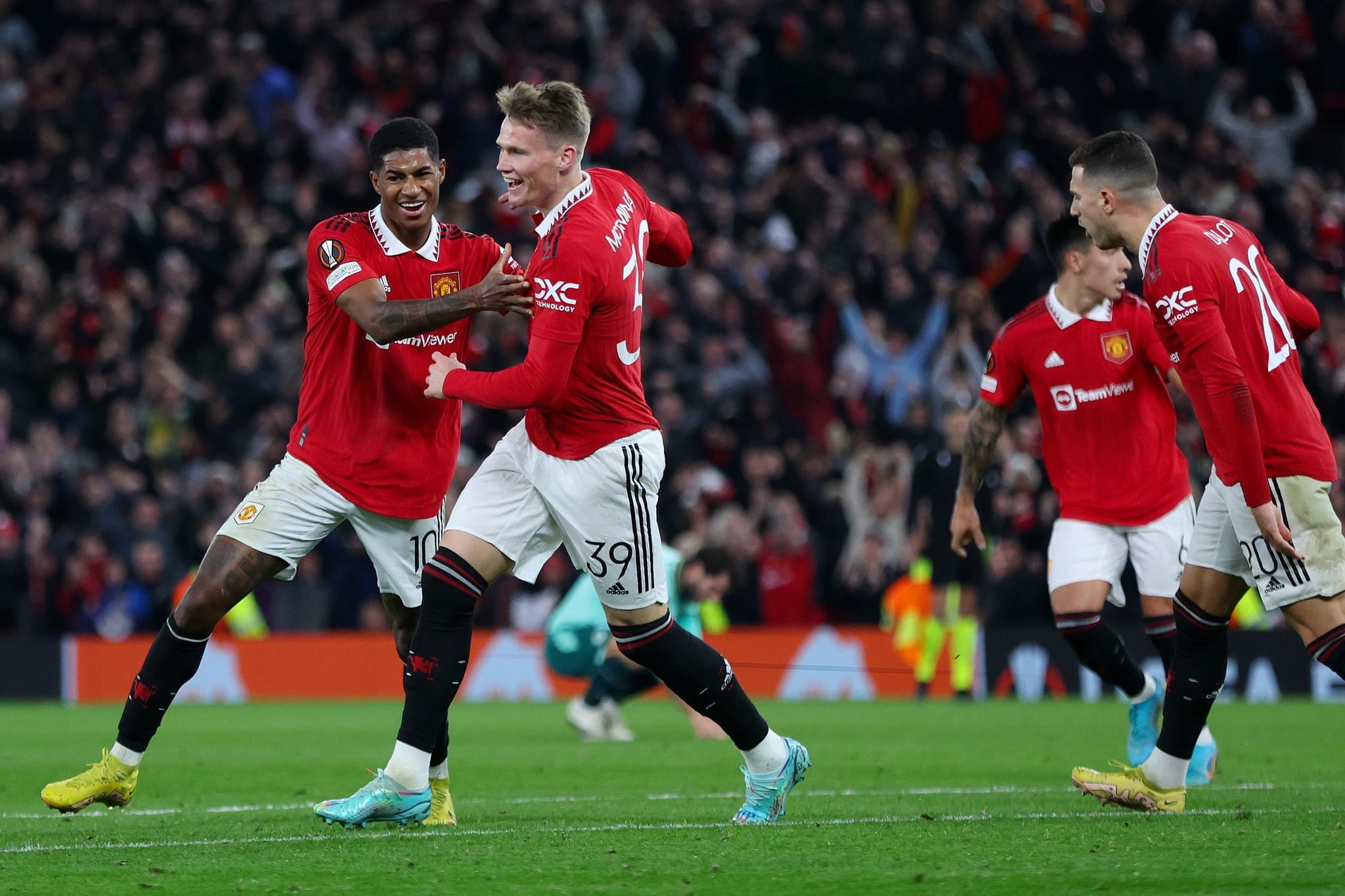 Manchester United players celebrate a goal in their Europa League match against Omonia Nicosia on 13 October 2022.
