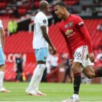 Manchester United striker Mason Greenwood celebrates after scoring the equalising goal during the English Premier League football match between Manchester United and West Ham United at Old Trafford in Manchester, north west England, on 22 July 2020.
