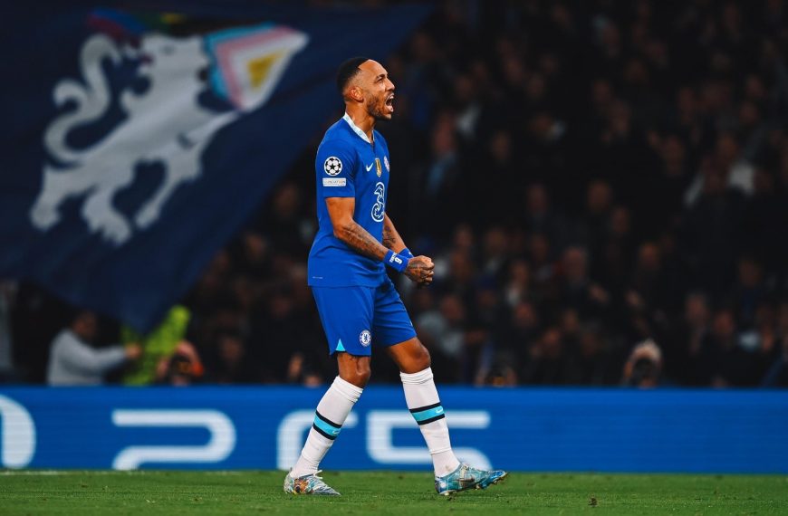 Chelsea striker Pierre-Emerick Aubameyang celebrates a goal during the Uefa Champions League match against AC Milan on 5 October 2022.