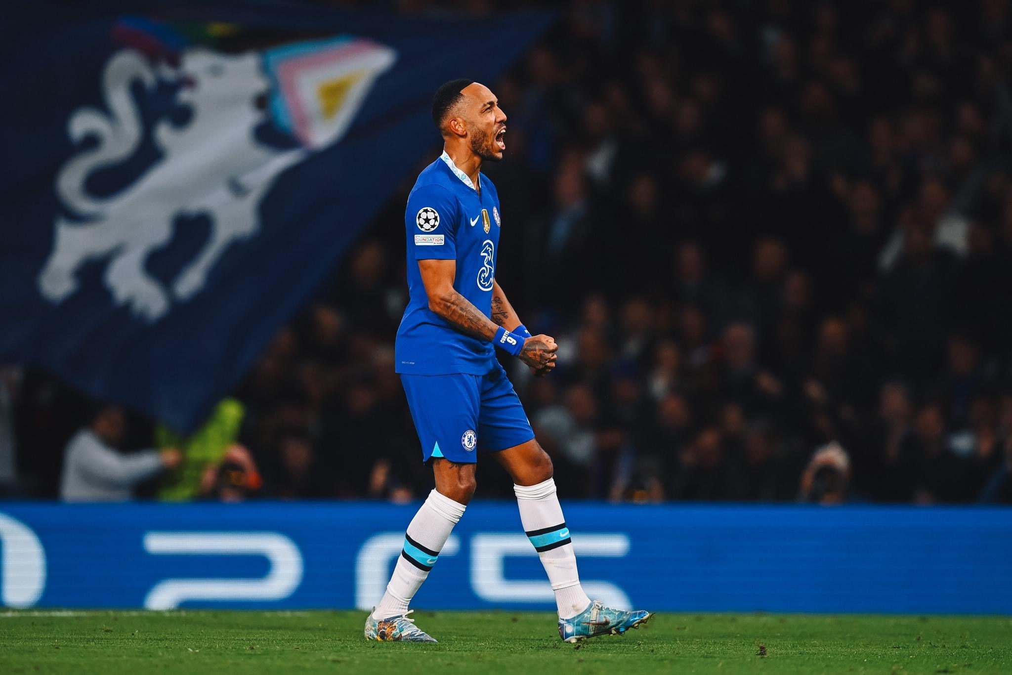 Chelsea striker Pierre-Emerick Aubameyang celebrates a goal during the Uefa Champions League match against AC Milan on 5 October 2022.