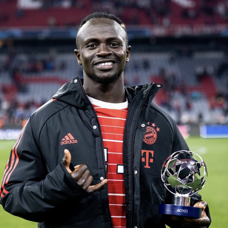 Bayern Munich new boy Sadio Mane display his man of the match award after starring in the Champions League 5-0 win over Viktoria Plzen 5-0 in Group C on Tuesday.