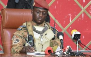 In this file photo taken on October 02, 2022 Burkina Faso's new self-proclaimed leader captain Ibrahim Traore attends a meeting in Ouagadougou. Captain Ibrahim Traore was appointed as president of Burkina Faso on 5 October 2022, according to an official statement, after the West African country's second coup in less than nine months.