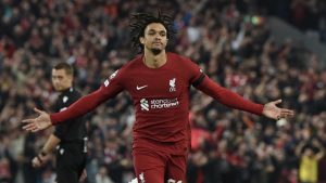 Trent Alexander-Arnold celebrating Liverpool first goal against Rangers in Tuesday's Champions League group stage 'Battle of Britain'.