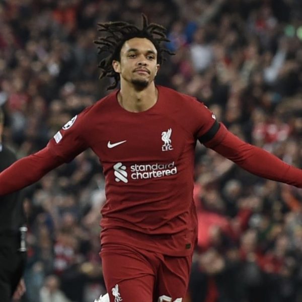 Trent Alexander-Arnold celebrating Liverpool first goal against Rangers in Tuesday's Champions League group stage 'Battle of Britain'.