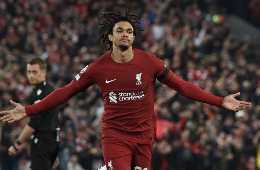 Trent Alexander-Arnold celebrating Liverpool first goal against Rangers in Tuesday's Champions League group stage 'Battle of Britain'.
